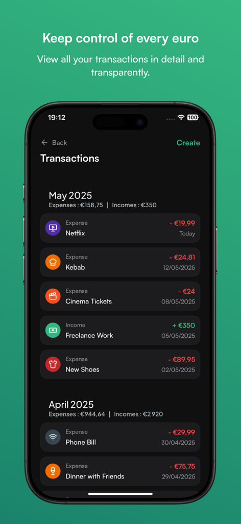 CashFlow - Expense Tracker - iPhone screen showing a detailed list of categorized monthly transactions and expenses in the CashFlow app.
