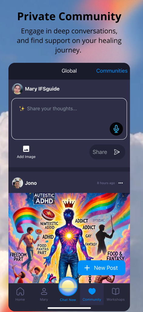 IFS Guide - IFS Guide app screen showing the private community feed where users share their healing journey and internal parts maps