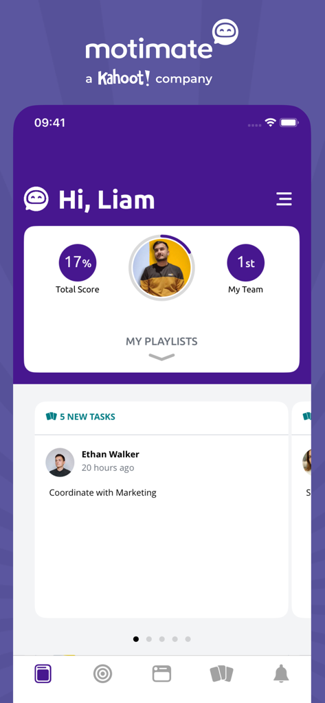 Motimate - Motimate app user dashboard showing training progress, team ranking, and new tasks.
