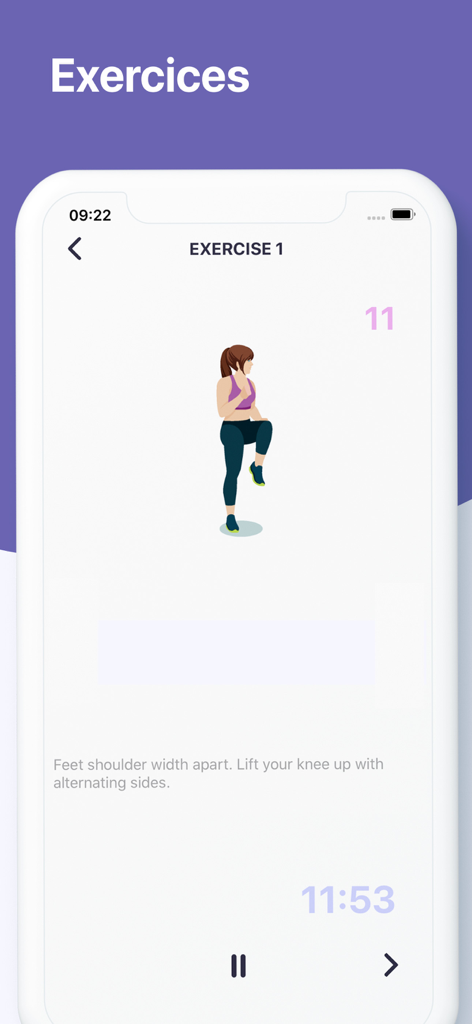 Lose Weight Workout - 30 Days - Mobile app interface showing an animated woman performing a high knee exercise with written instructions and a workout timer.