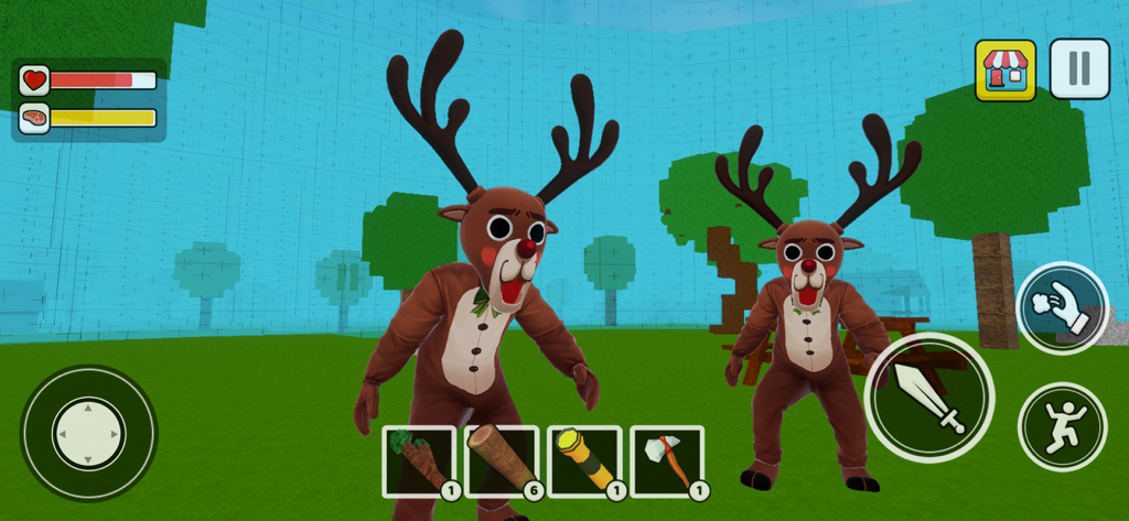 ForForest Nights: Survive it - First person gameplay of ForForest Nights showing survival HUD and characters in a 3D blocky jungle environment