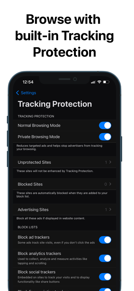 RedApp Browser - RedApp Browser interface showing built in tracking protection settings for private browsing and blocking ad trackers