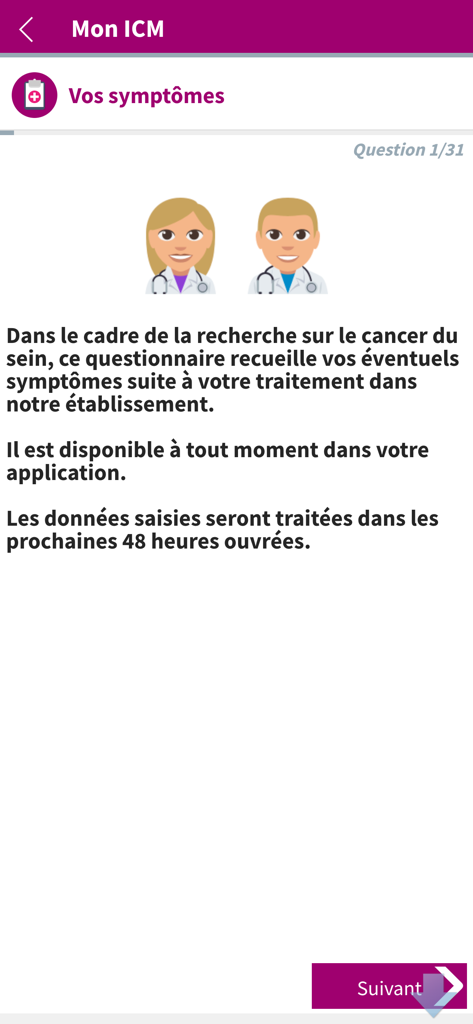 mon ICM - Bildschirm zur Verfolgung von Brustkrebssymptomen in der mon ICM Mobile App.