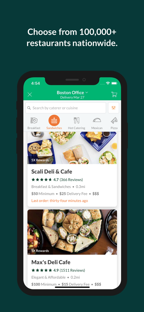 ezCater - Business Catering - Pantalla de smartphone que muestra la aplicación ezCater con una variedad de opciones de restaurantes para catering empresarial.