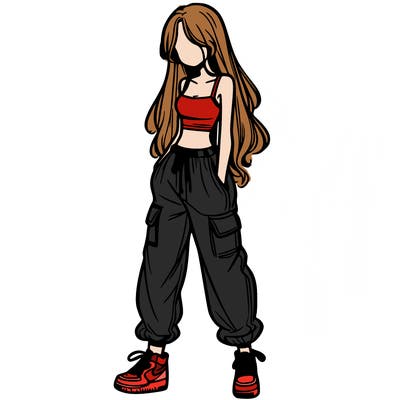 girl in baggy pants crop top and long hair