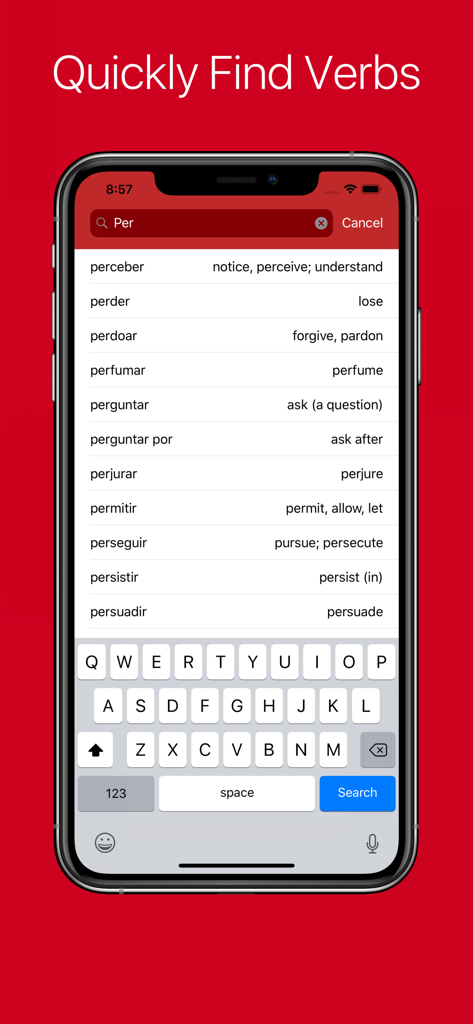 ポルトガル語動詞活用アプリの検索機能を示すスマートフォン画面。動詞と翻訳のリストが表示されている。