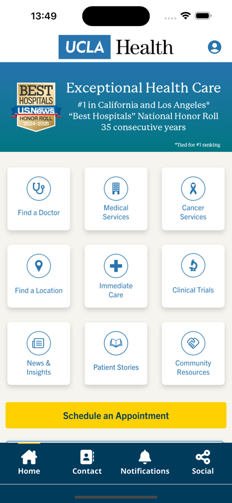 UCLA Health - UCLA Health 앱 홈 화면 - 의사 찾기, 진료 예약, 의료 서비스 액세스 옵션 표시