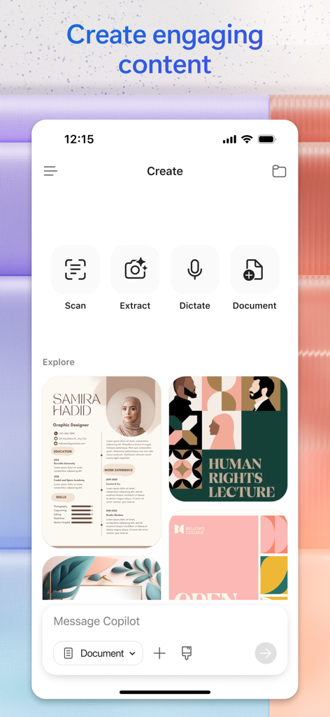 Microsoft 365 Copilot app interface showing AI creation tools for scanning extracting dictating and designing professional content