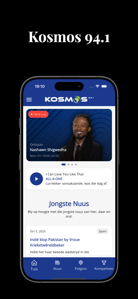 Kosmos 94.1 - Kosmos 94.1 mobile app home screen showing live radio playback and latest news