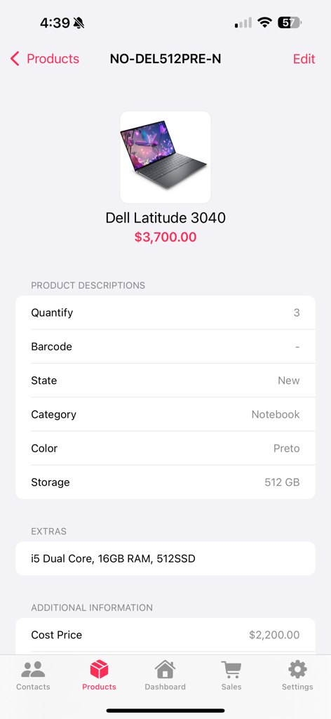 My Stock - Inventory & Sales - Product detail screen in My Stock app showing inventory information for a Dell Latitude laptop including price and quantity