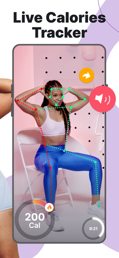 Woman performing a chair dance workout with a live calorie tracker and body motion tracking