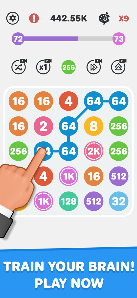 Connect The Dots - 2048 Merge - Captura de pantalla de jugabilidad de Connect The Dots 2048 Merge mostrando una mano conectando círculos numerados en una cuadrícula de puzzle