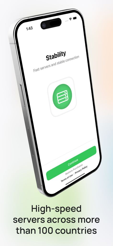 EVPN app interface on iPhone promoting high speed and stable server connections across various countries