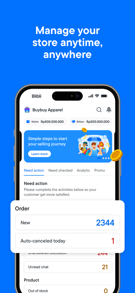 Blibli Seller Center - Blibli Seller Center app dashboard showing order statistics and wallet balance on an iPhone