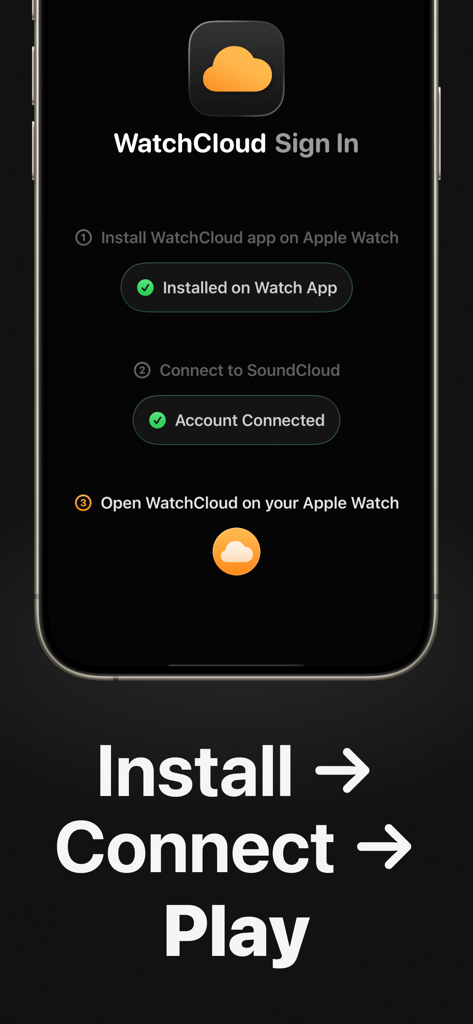 WatchCloud - WatchCloud app sign in screen on iPhone showing the three step setup process to install connect and play music on Apple Watch