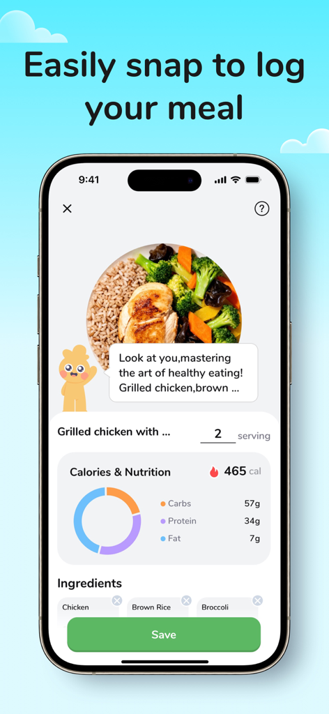 Pantalla de registro de comidas de la aplicación Tada que muestra los datos nutricionales del pollo a la parrilla y el recuento de calorías.
