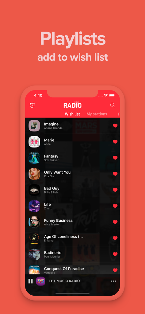 Radio FM - Interfaz de la aplicación Radio FM mostrando una lista de deseos de canciones favoritas con nombres de artistas y portadas de álbumes.