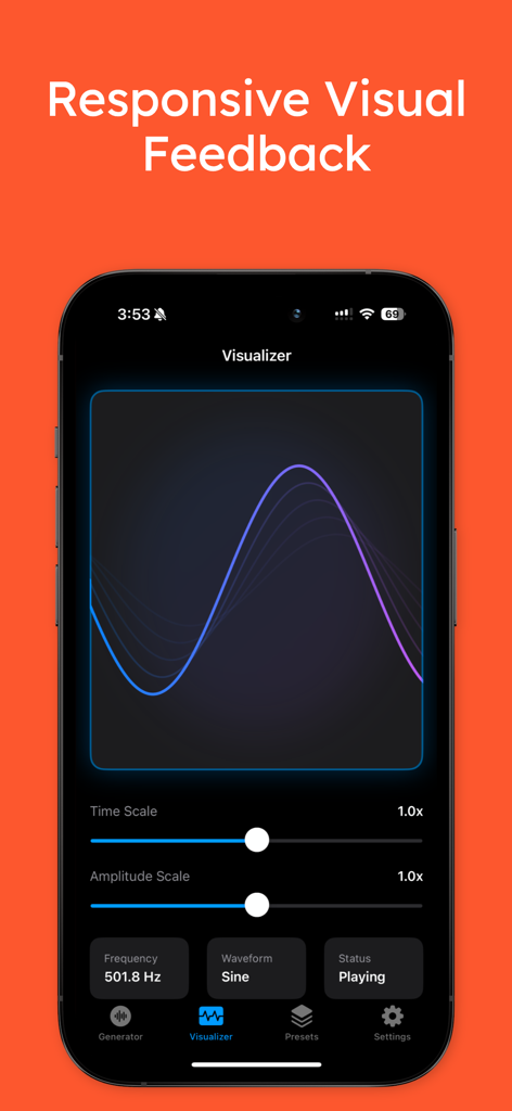 ToneWave Pro - Real time waveform visualizer displaying a sine wave frequency on the ToneWave Pro app