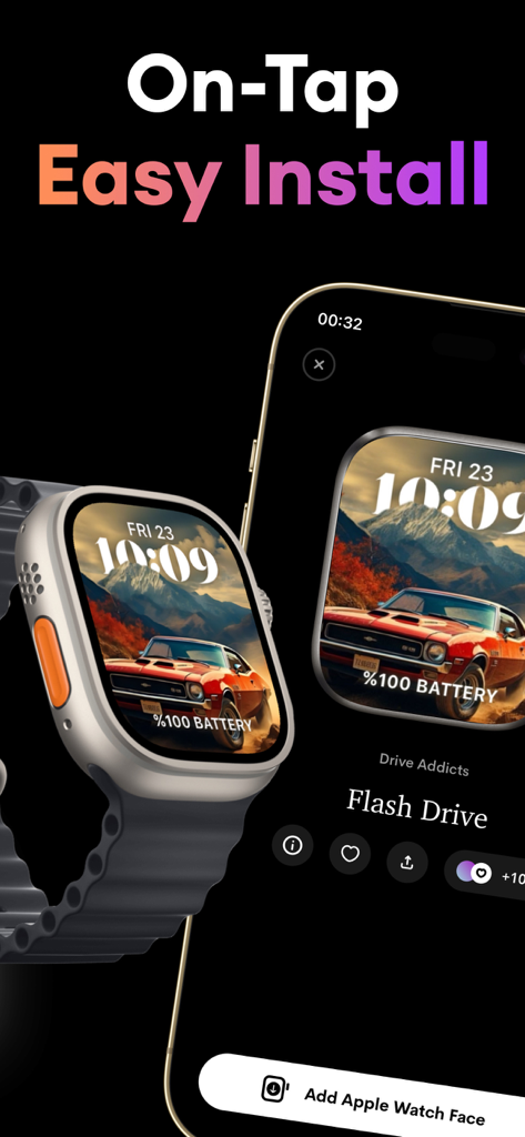 Watch Faces Gallery: Coolz - An Apple Watch and iPhone displaying a custom muscle car watch face with an easy install button.