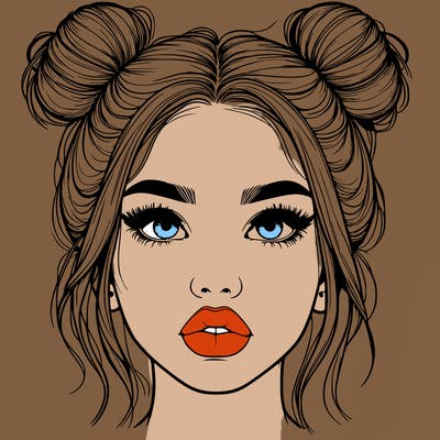 realistic girl with two buns on her hair and lips