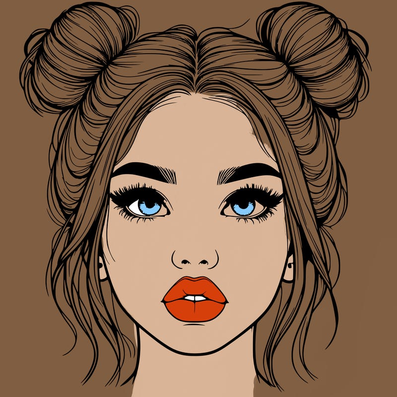 realistic girl with two buns on her hair and lips