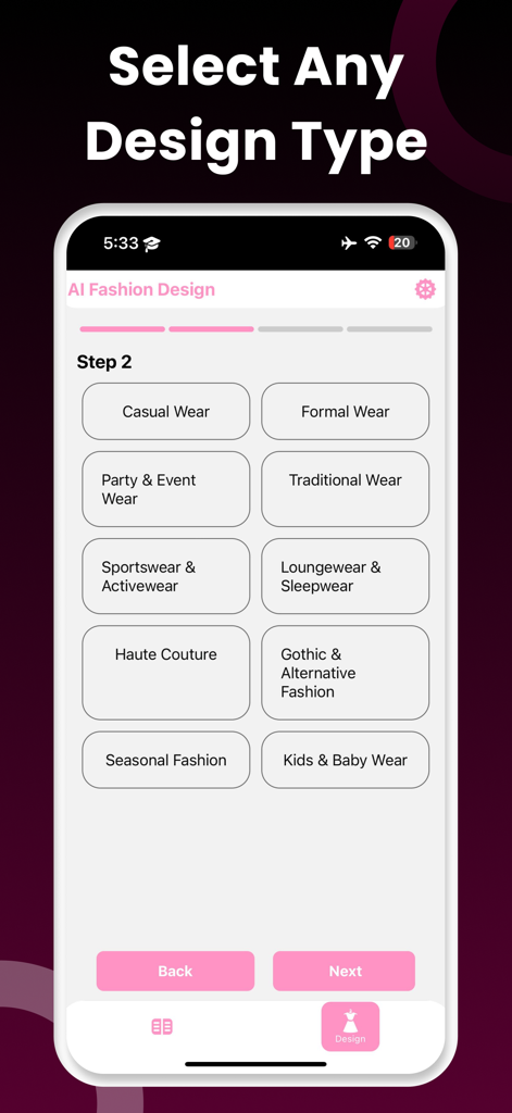 AI Fashion Design Outfit Maker - Interface of the AI Fashion Design app showing categories to select design types like casual wear and haute couture.