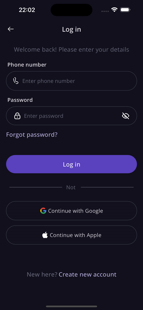 U-COM - Login screen for the U-COM social networking app featuring phone number and password entry fields alongside Google and Apple authentication options