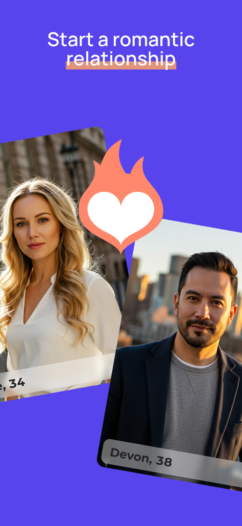 Two dating profile cards of a man and a woman on the EuroDate app with a heart icon and text reading Start a romantic relationship