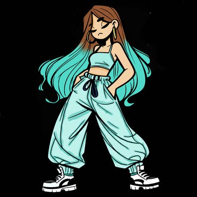 girl in baggy pants crop top and long hair