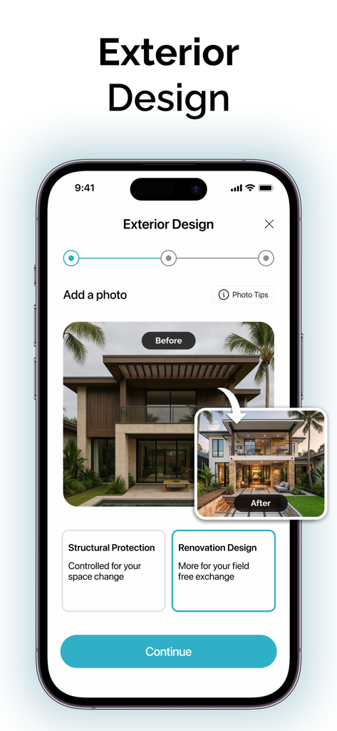 Interface de l'application de conception de maison et de jardin IA montrant l'extérieur d'une maison avant et après rénovation.