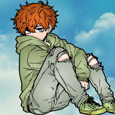 a male hoddie ripped jeans messy hair anime