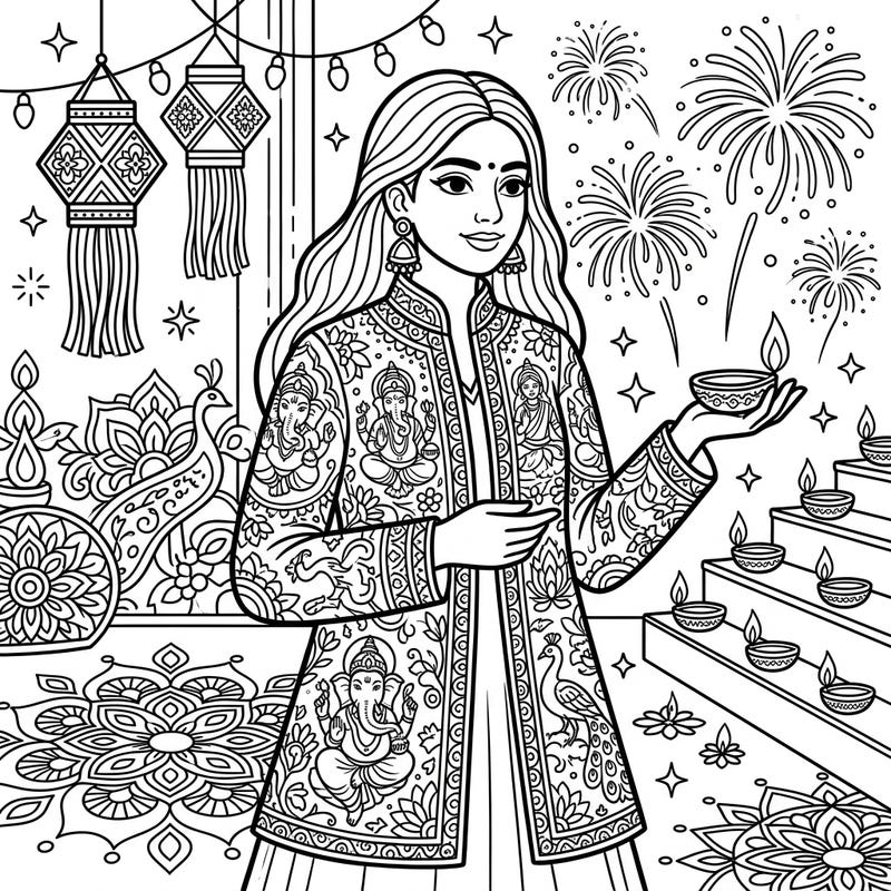 Immerse yourself in the festive spirit of Diwali with this unique coloring page featuring a woman adorned in beautiful mythology-inspired outerwear. Discover intricate details like diyas, rangoli, and fireworks, ready for your creative touch.