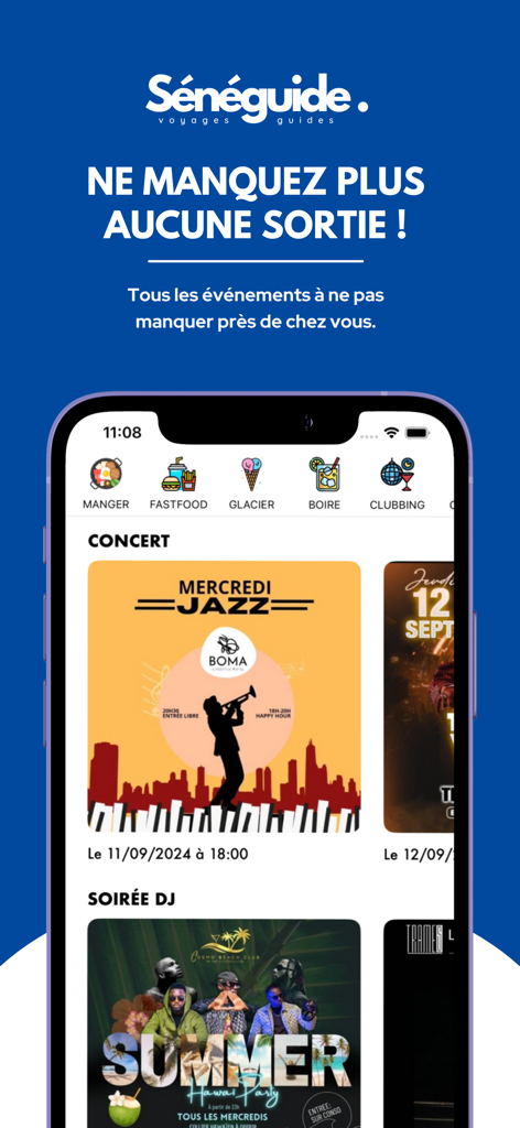 Pantalla de la aplicación móvil SénéGuide que muestra próximos conciertos de jazz y eventos locales en Senegal