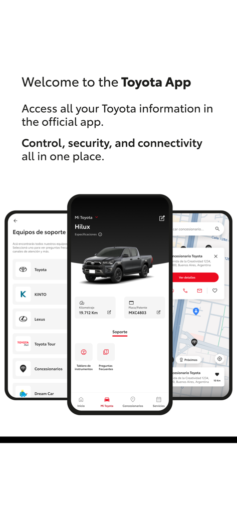 Toyota LATAM - Toyota LATAM app interface showing vehicle status for a Hilux, support services, and a dealership map