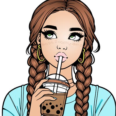 realistic girl with braided hair drinking boba