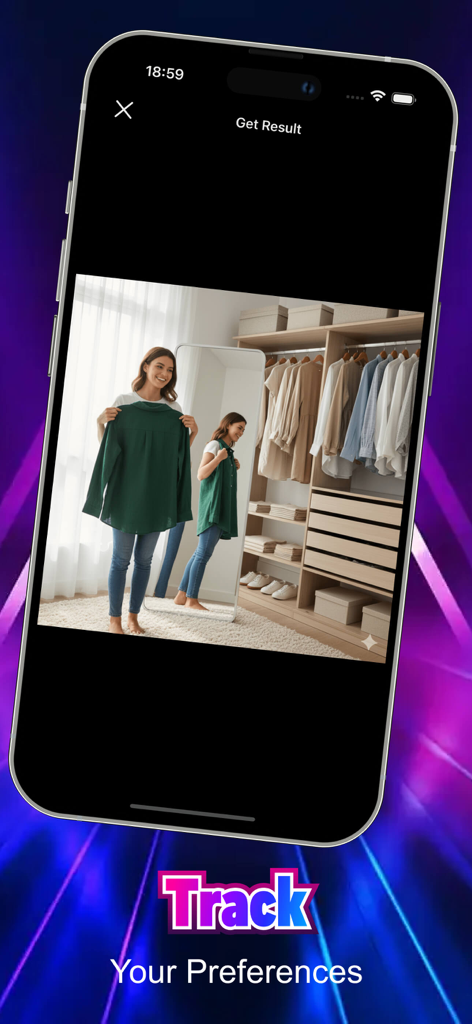 Pley - - Pleyアプリを使用してクローゼット内の衣類のフィット感の好みを追跡している女性。