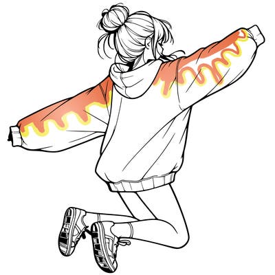 realistic girl jumping with a bun and oversized sweatshirt