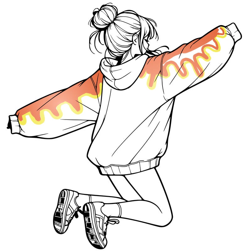 realistic girl jumping with a bun and oversized sweatshirt