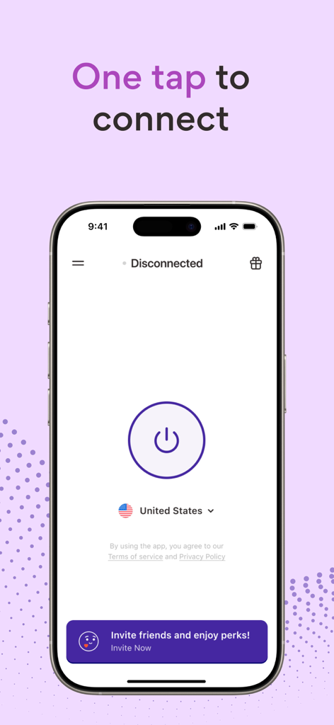 Interfaz de la aplicación VPN 360 mostrando la pantalla de conexión con un solo toque en un iPhone