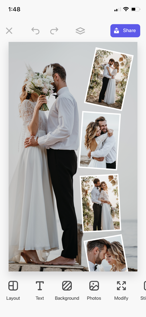 Layout - Photo Collage Maker - Un fotomontaje de boda siendo editado en la interfaz de la aplicación Layout.