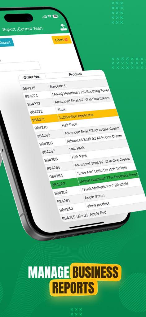 Tela de smartphone exibindo um relatório de negócios com números de pedidos e nomes de produtos dentro do aplicativo Registro Diário de Vendas.