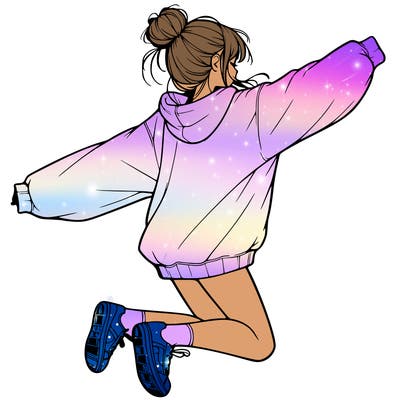 realistic girl jumping with a bun and oversized sweatshirt