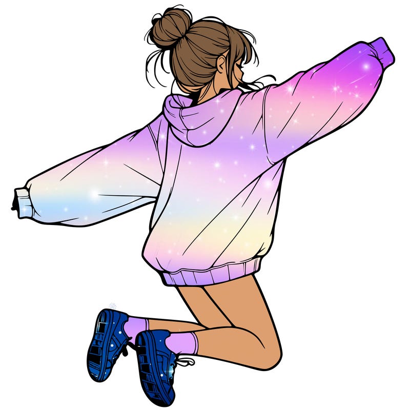 realistic girl jumping with a bun and oversized sweatshirt