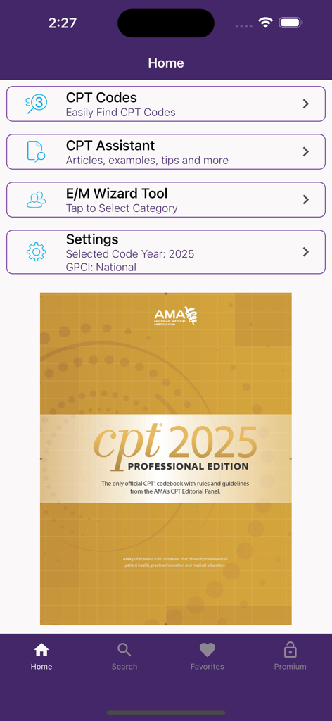 CPT QuickRef - アメリカ医師会によるCPT QuickRefモバイルアプリのホーム画面。医療コーディングツールと2025年プロフェッショナル版の表紙が特徴。