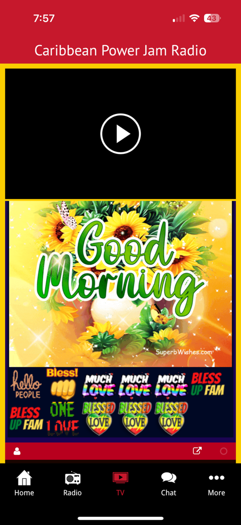 Caribbean Power Jam Radio - Caribbean Power Jam Radio app TV screen featuring a video player and community greeting stickers