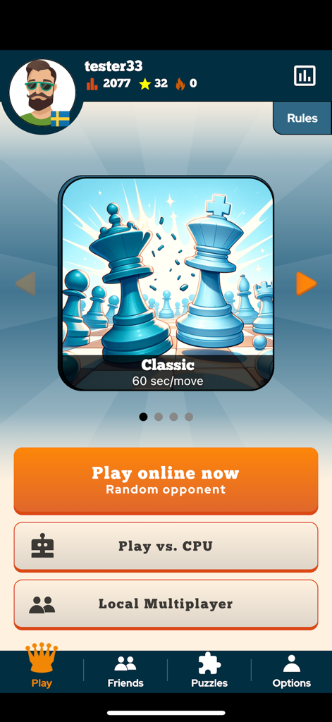 Chess Online - Duel Friends! - Main menu of the Chess Online Duel Friends app showing options for online play vs CPU and local multiplayer