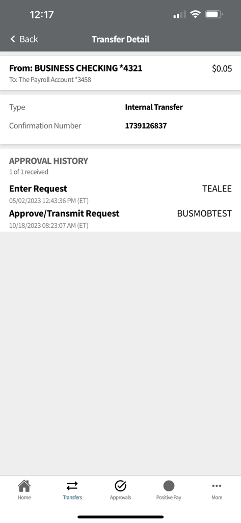 Cathay Bank Business Mobile - Transfer details screen on the Cathay Bank Business Mobile app showing an internal transfer confirmation and approval history.