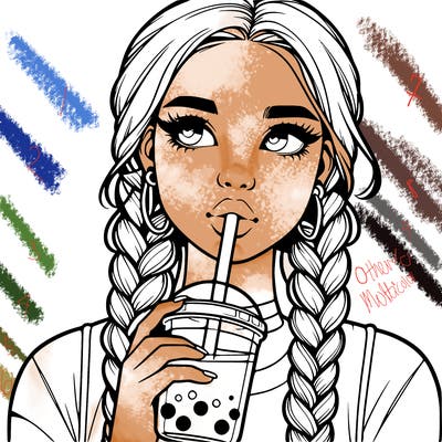 realistic girl with braided hair drinking boba