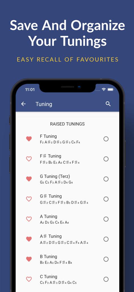 Pro Guitar Tuner - Capture d'écran de l'application Pro Guitar Tuner montrant une liste d'accordages augmentés et de paramètres favoris.