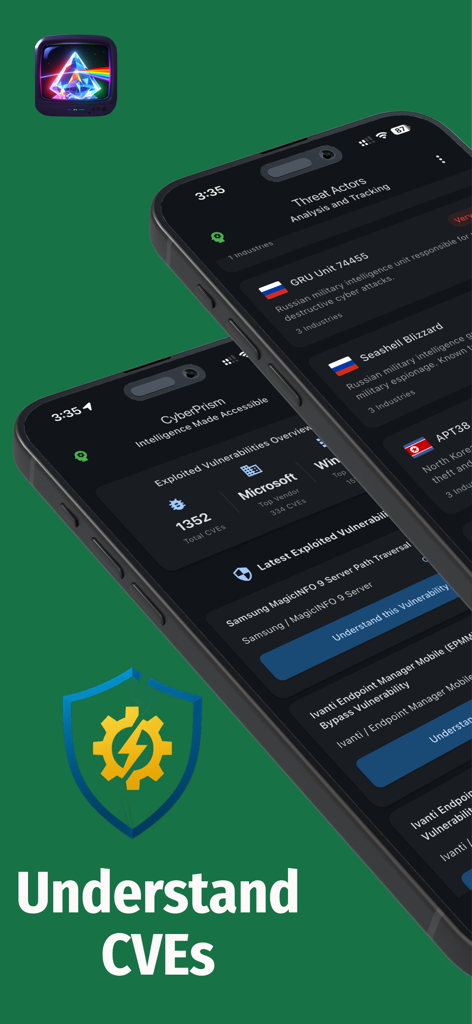 CyberPrism: CISA KEV & CVE - Oberfläche der CyberPrism-App, die einen Überblick über ausgenutzte Schwachstellen und Profile von Angreifern zeigt.